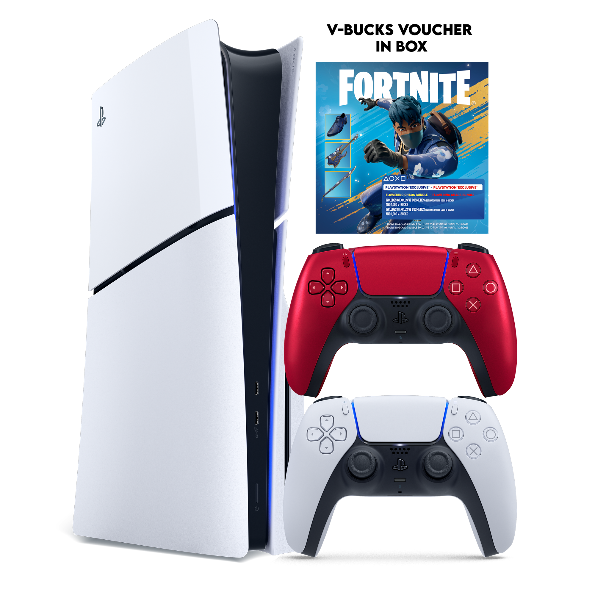 PS5 Slim + Fortnite Flowering Chaos (Voucher) + PS5 Dual Sense Volcanic Red - KOODOO