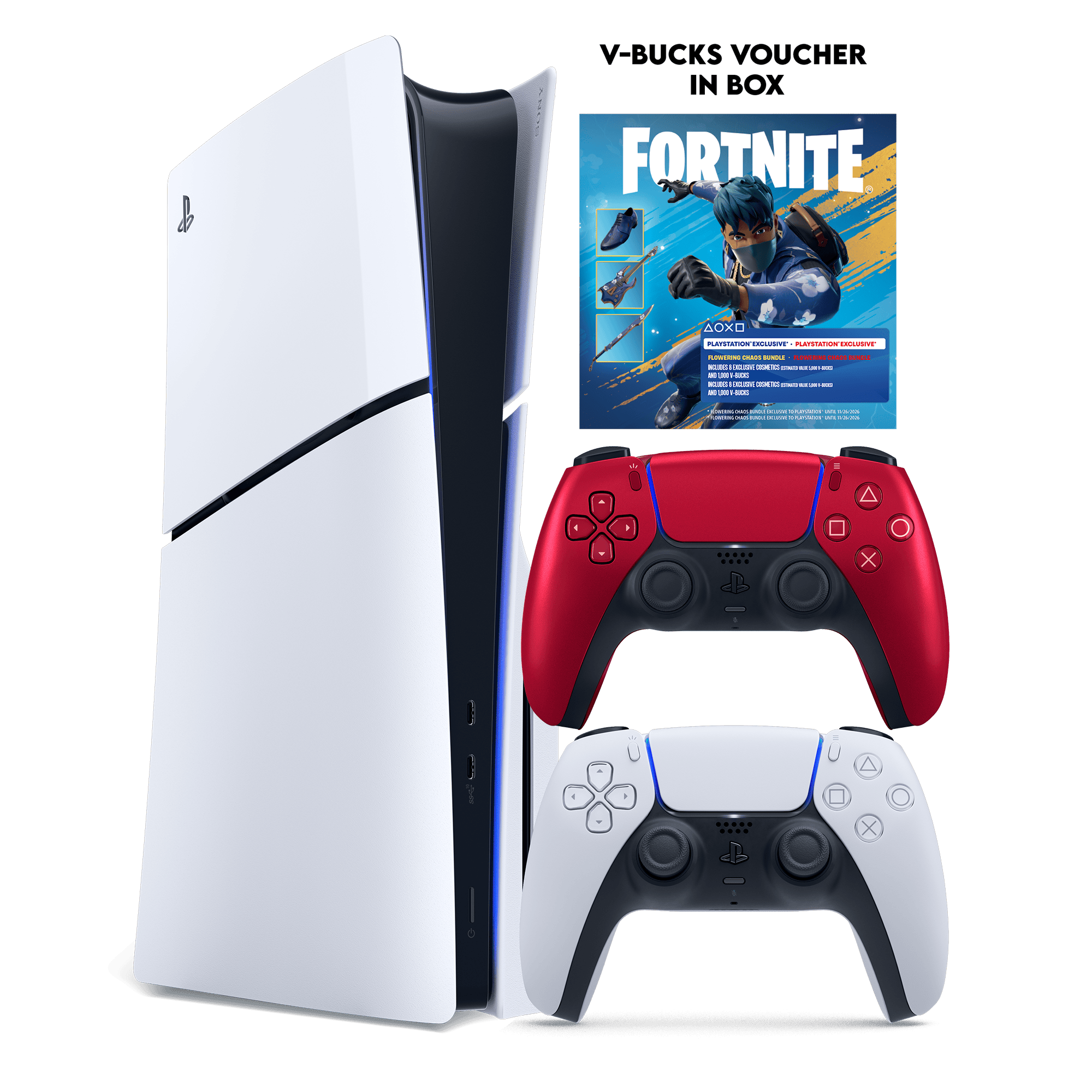 PS5 Slim + Fortnite Flowering Chaos (Voucher) + PS5 Dual Sense Volcanic Red - KOODOO
