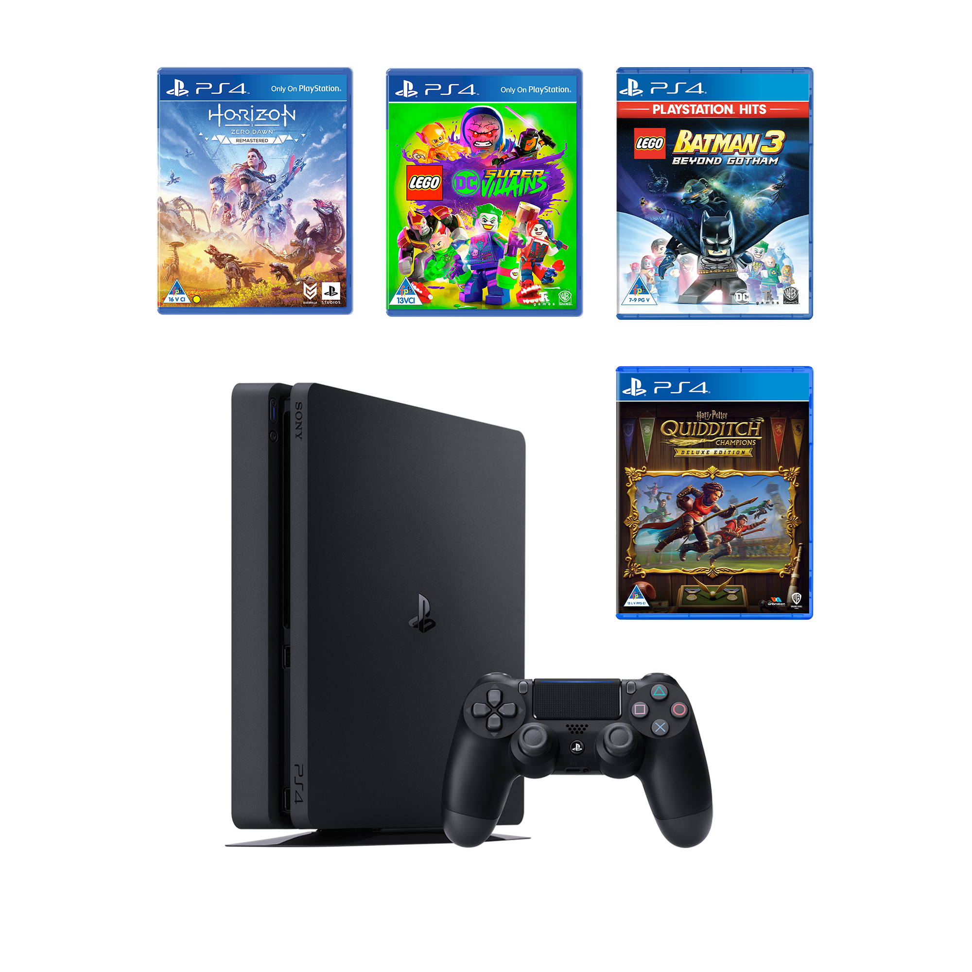 PS4 500GB + Harry Potter: Quidditch Champions Deluxe Edition + Horizon: Zero Dawn - Complete Edition + LEGO Batman 3: Beyond Gotham  + LEGO DC Super Villains - KOODOO