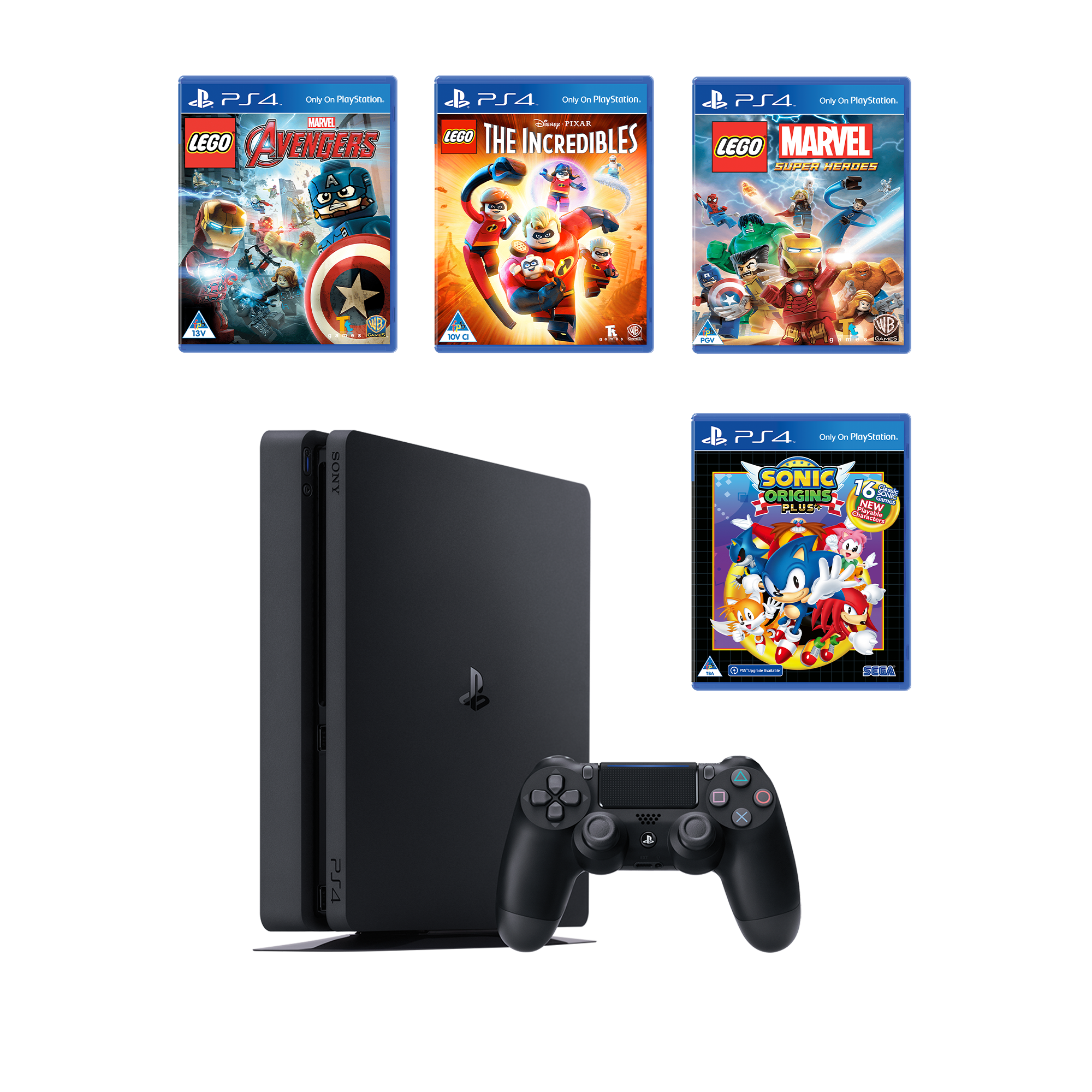 PS4 500GB + LEGO Avengers + LEGO The Incredibles + LEGO Marvel Super Heroes + Sonic Origins Plus - KOODOO