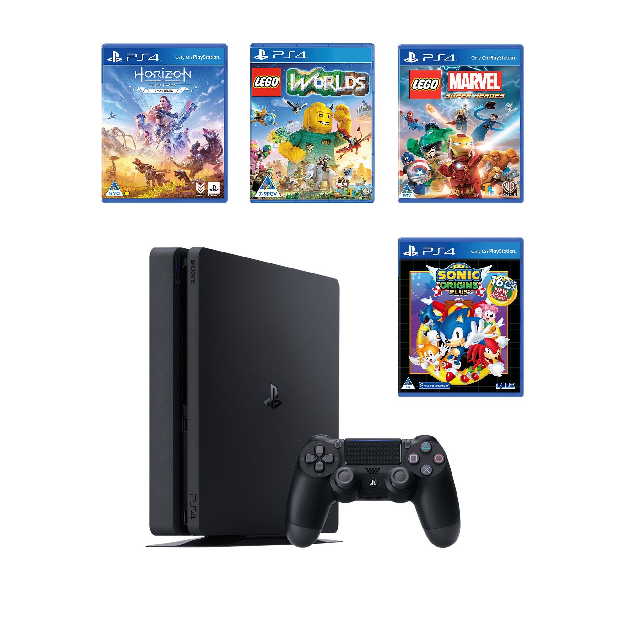 PS4 500GB + Horizon: Zero Dawn - Complete Edition + LEGO Marvel Super Heroes + LEGO Worlds + Sonic Origins Plus - KOODOO