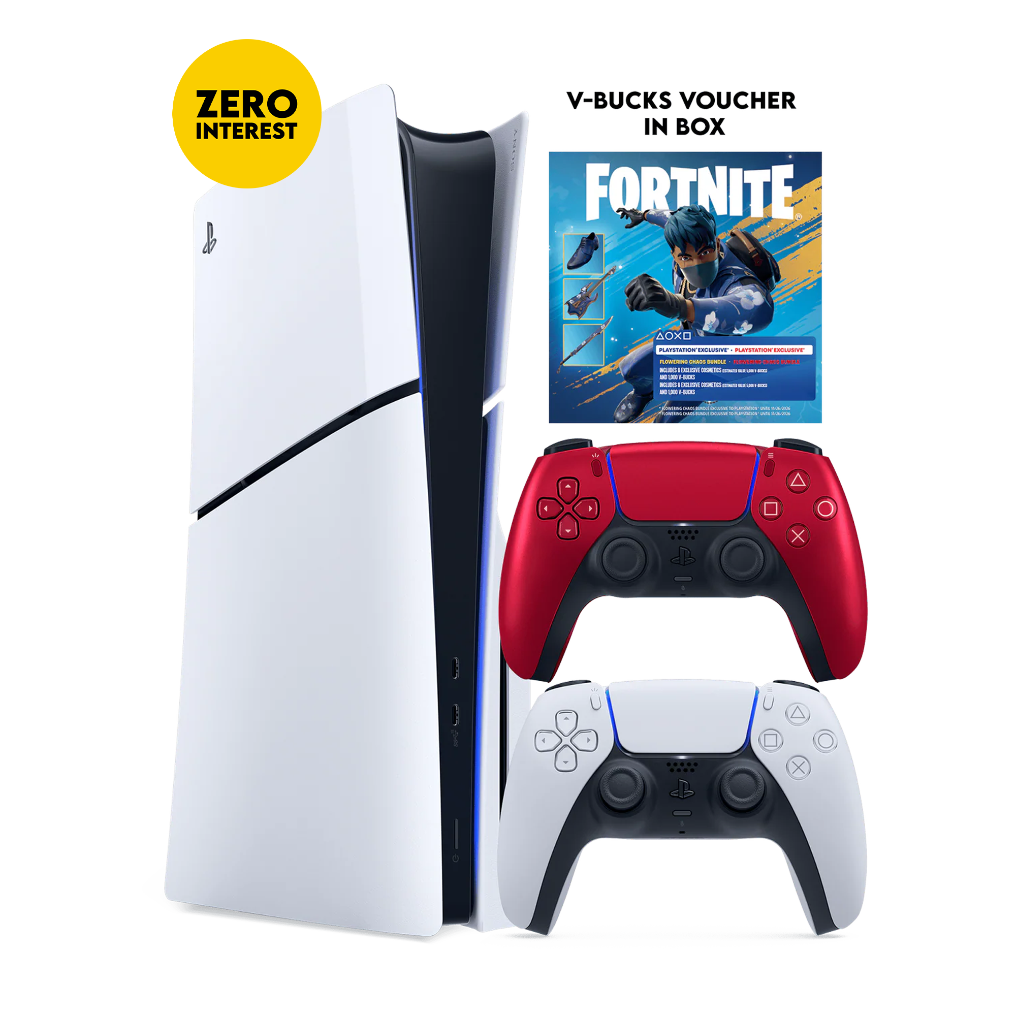 PS5 Slim + Fortnite Flowering Chaos (Voucher) + PS5 Dual Sense Volcanic Red