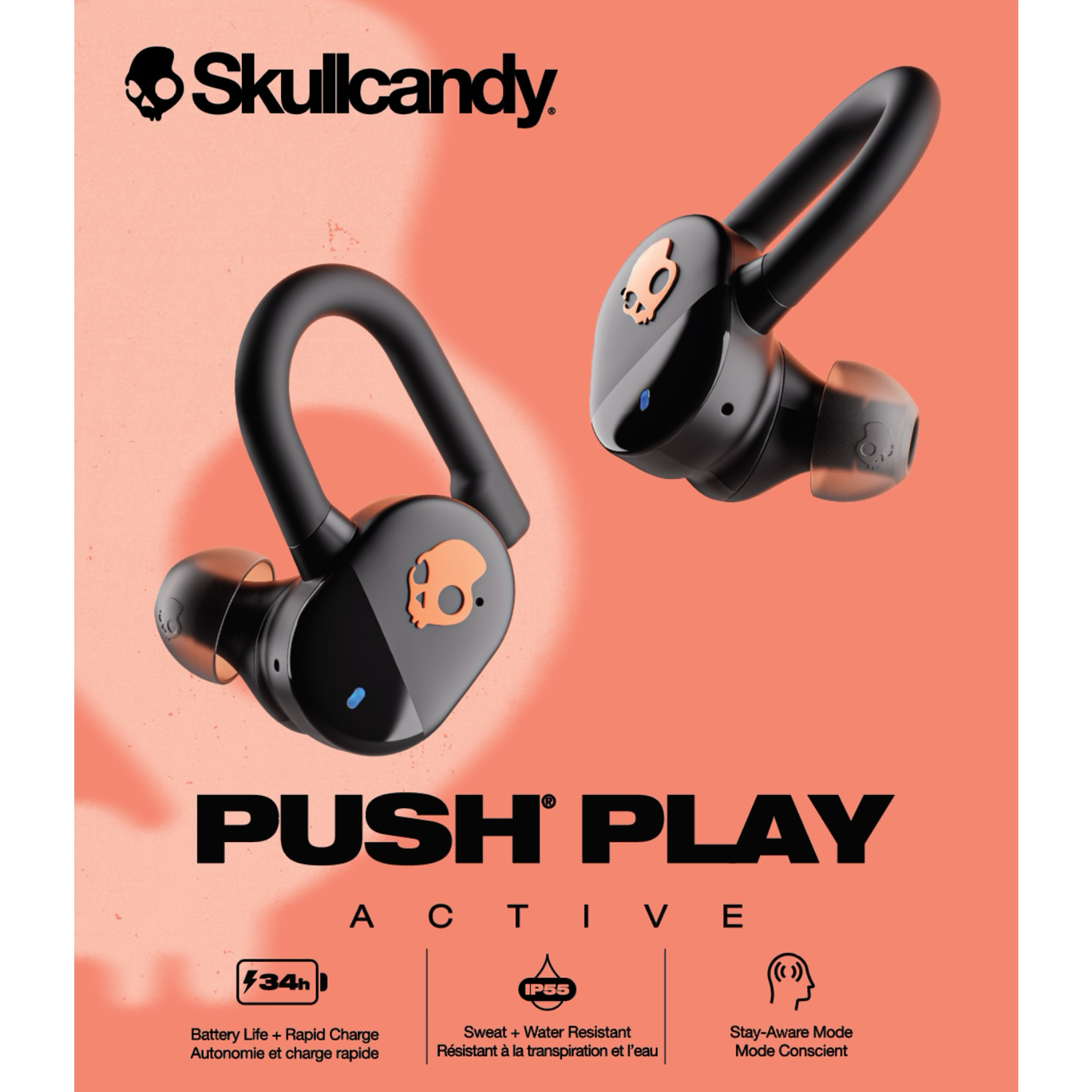 Skullcandy Push Play Active True Wireless Earbuds - Black / Orange - KOODOO